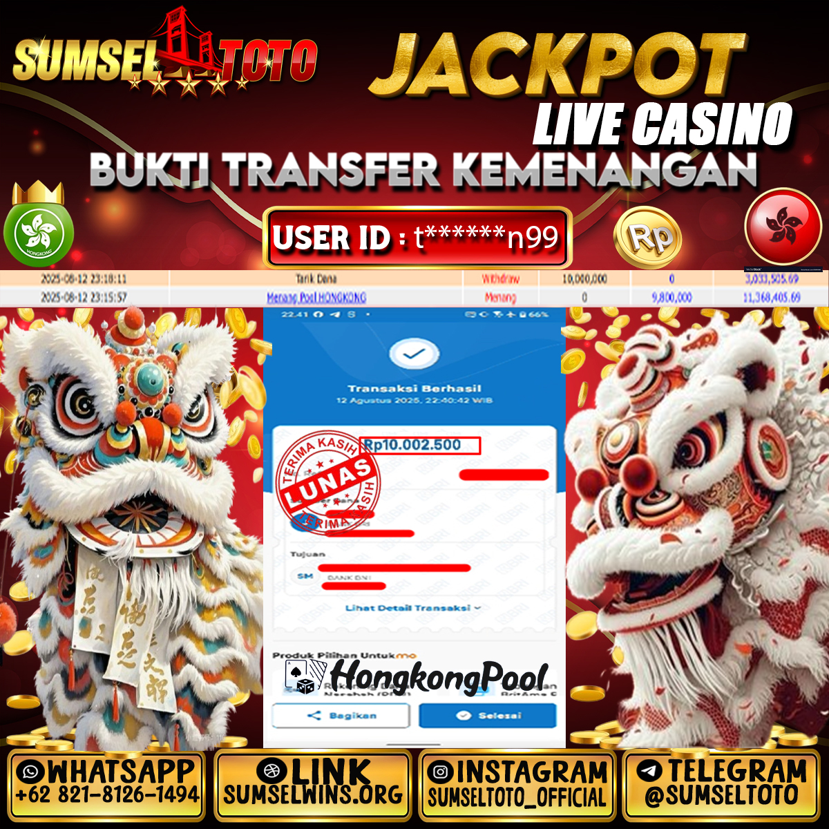 SUMSELTOTO JACKPOT HONGKONG POOL Rp.10,000,000.,- LUNAS